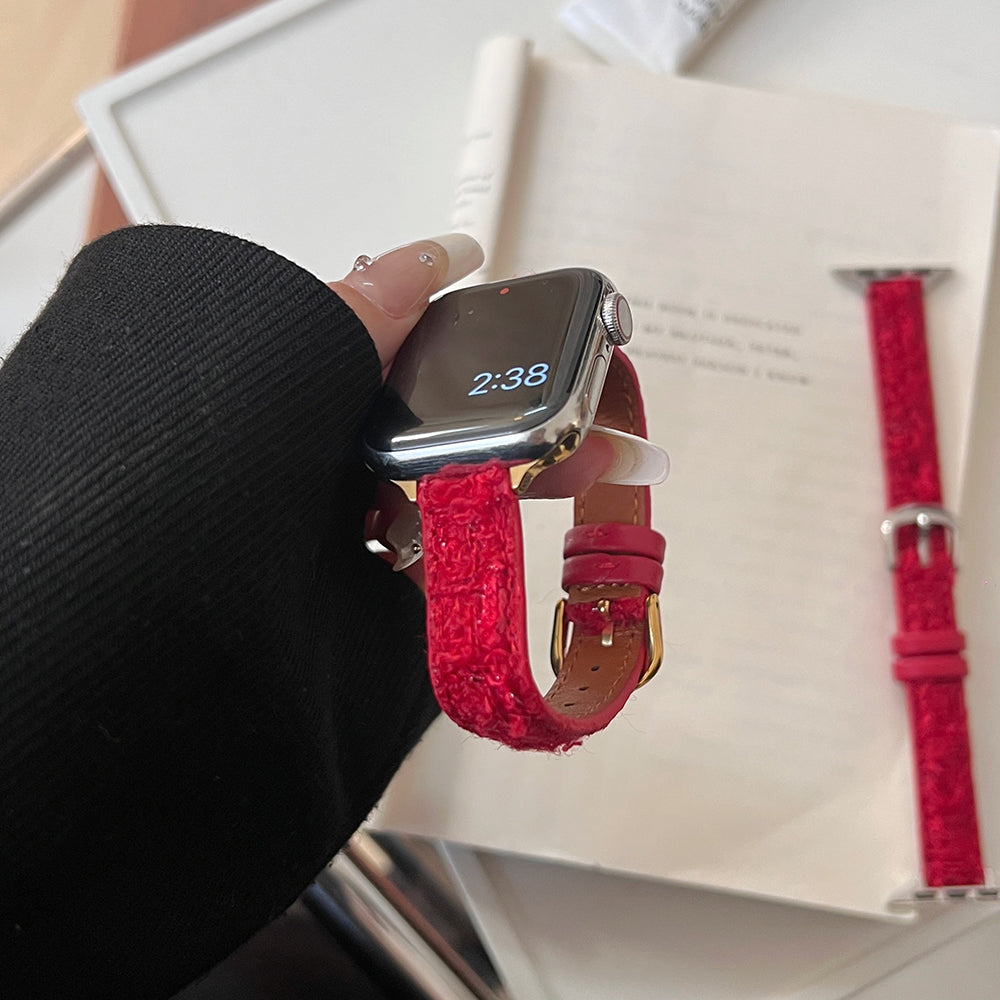 For Apple Watch Series 9 8 7 41mm / 6 5 4 SE (2023) SE (2022) SE 40mm / 3 2 1 38mm Woolen+Leather Watch Band - Red+Gold Buckle For Apple Watch Series 9 8 7 41mm / 6 5 4 SE (2023) SE (2022) SE 40mm / 3 2 1 38mm Woolen+Leather Watch Band - Red+Gold Buckle